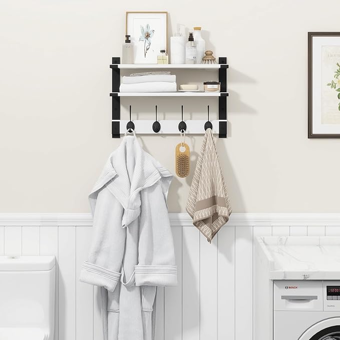 Homode Two-Tier Coat Rack with Shelf, 17 Inch Wood Coat Hanger Wall Mount, Entryway Wall Shelf with Heavy Duty Key Hooks, Hanging Storage Shelves for Display Books Plants Photos, White