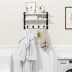 Homode Two-Tier Coat Rack with Shelf, 17 Inch Wood Coat Hanger Wall Mount, Entryway Wall Shelf with Heavy Duty Key Hooks, Hanging Storage Shelves for Display Books Plants Photos, White