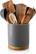 Nucookery 360° Rotating Utensil Holder, 7.2" Large Utensil Crock, White Ceramic Cooking Utensil Organizer with Countertop-Protection Cork Bottom for Farmhouse Kitchen Decor Gift (Gray)