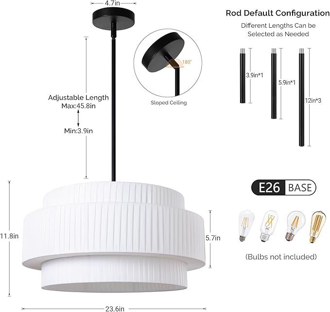 LamQee 23.6inch Farmhouse Fabric Chandelier,3-Tier Large Ceiling Light Fixture Height Adjustable with Round Fabric Shade Modern Pendant Light Dining Room Light Fixtures Over Table