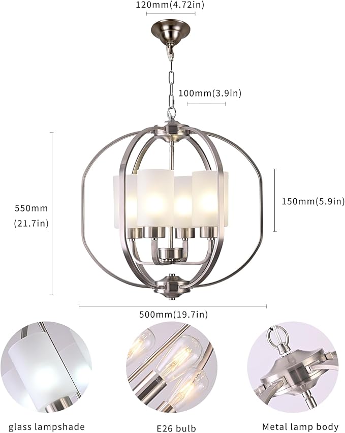 BOZO 20" Globe Chandelier Brushed Nickel Dining Room Lighting Fixtures 4 Light Modern Orb Chandeliers Ceiling Hanging Foyer Pendant Lighting Frosted Glass Shades