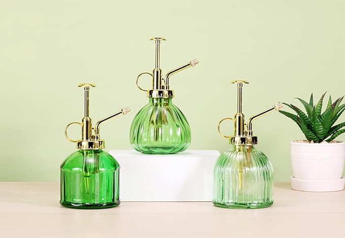 Glass Plant Mister Spray Bottle, 6.5" Green Glass Water Spray Bottle with Gold Top Pump Small Watering Can, Small Plant Sprayer Mister for Indoor Outdoor House Plant, Green+Gold (Green+Gold B)