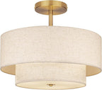 18 Inch Large Semi Flush Mount Ceiling Light Fixture with Dual Drum Design, Gold Farmhouse Fabric Linen Shade for Bedroom, Living Room, Kitchen, and Dining - Modern Chandelier Lamp