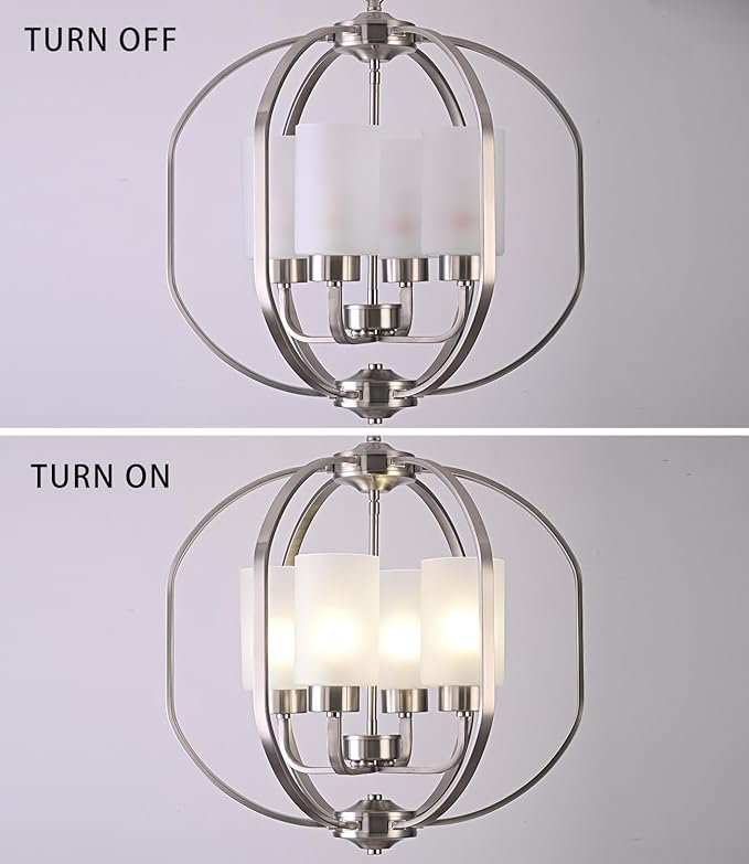 BOZO 20" Globe Chandelier Brushed Nickel Dining Room Lighting Fixtures 4 Light Modern Orb Chandeliers Ceiling Hanging Foyer Pendant Lighting Frosted Glass Shades