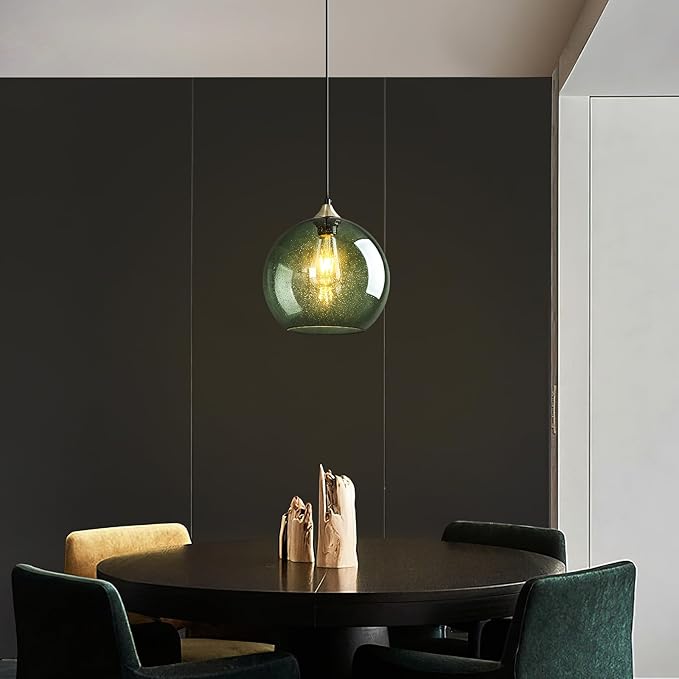 Gray Green Glass Pendant Lights Kitchen Island Lighting Globe Pendant Light Fixtures Modern Pendant Lighting for Kitchen Island Bedroom Living Dining Room Light Fixture(9.84in, 3-Pack)