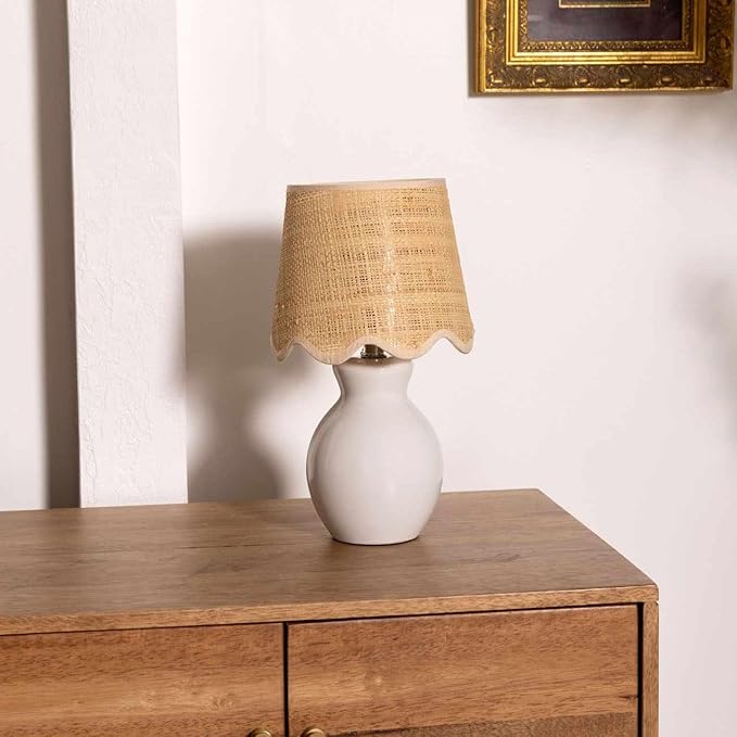 BoutiqueRugs Liliac Boho Ceramic and Jute Bedside Table Lamp for Bedroom Nightstand - End Side Lighting for Living Room - Shade Rattan - White, Beige - 15" H