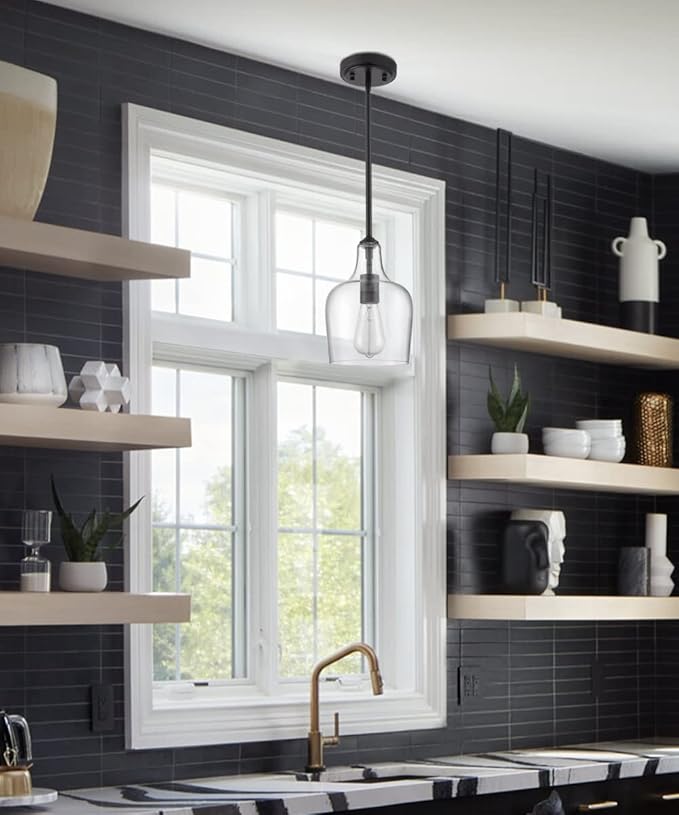 Modern Farmhouse Pendant Lighting for Kitchen Island Glass Black Pendant Light Fixtures Rod-Hung