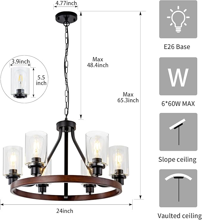 6-Light Farmhose Chandelier for Dining Room Light Fixture Faux Wood Kitchen Pendant Light Round Rustic Ceiling Hanging Lighting with Glass Globes Adjustable Height Metal E26