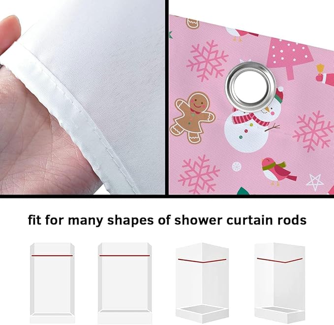 Pink Christmas Shower Curtain, Cartoon Santa Claus Snowman Penguin Pine Fir Tree Socks Xmas Pattern Winter Holiday Shower Curtain Bathroom Decor, Durable Fabric Machine Washable with Hooks, 72 x 72 In