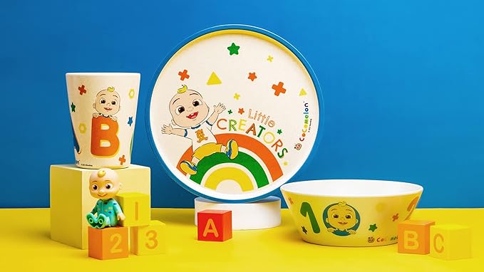 Zak Designs CoComelon Kids Dinnerware Set 3 Pieces, Durable and Sustainable Melamine Bamboo Plate, Bowl, and Tumbler are Perfect For Dinner Time With Family (JJ, Cody, Nina)