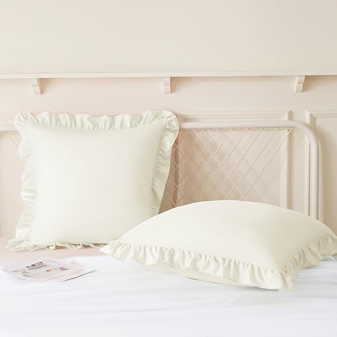 KKJIAF Ruffle Pillow Cases 26x26 Inches, Beige Square Ruffled Pillow Covers Set of 2, Microfiber Wrinkle Resistant Pillow Shams with Envelope Closure for Sofa Bed Living Room