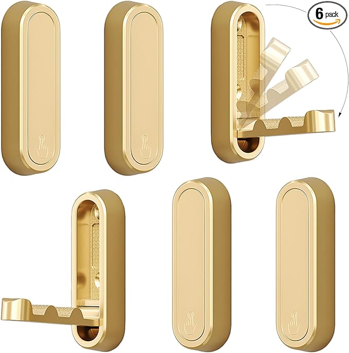 6PCS Folding Coat Hook, Heavy Duty Wall Hooks Made of Zinc Alloy, Foldable Gold Wall Hooks for Hanging Coats, Scarves, Hats, Bathrobes, Keys, Bags (Gold)