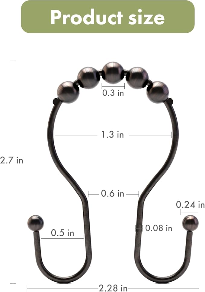 AmazerBath Shower Curtain Hooks, Shower Curtain Rings, Metal Bronze Shower Curtain Hooks Rust Proof, Smooth Glide Double Shower Hooks for Shower Curtain, Shower Rod Hooks 12Pcs