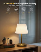 Outdoor Battery Operated Table Lamp, IP54 Waterproof Shower Lamp, 4000mAh Rechargeable Cordless Lamp, 3 Color Temperatures Dimmable, Small Touch Table Lamp for Bedroom, Patio, Camping, Restaurant