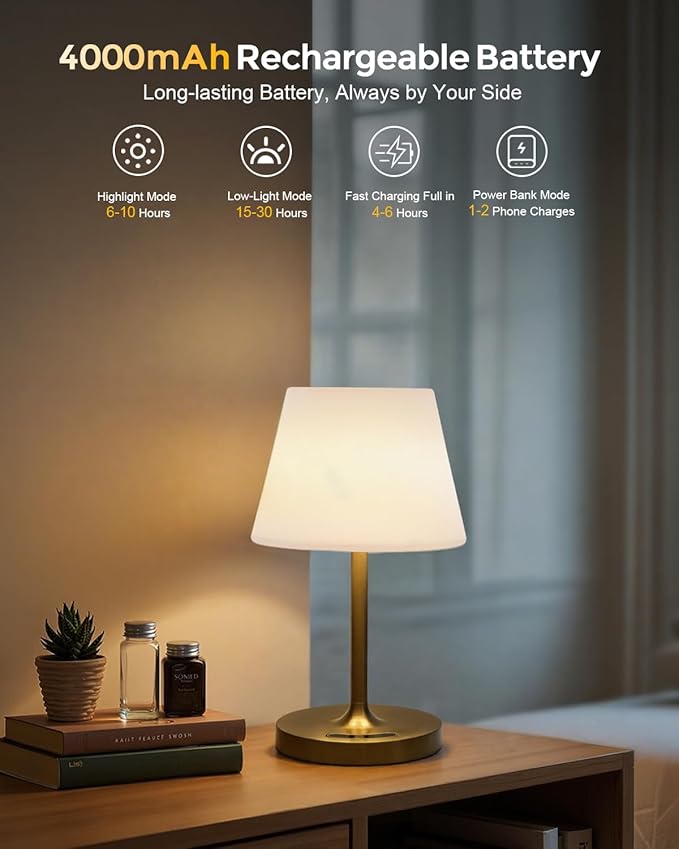Outdoor Battery Operated Table Lamp, IP54 Waterproof Shower Lamp, 4000mAh Rechargeable Cordless Lamp, 3 Color Temperatures Dimmable, Small Touch Table Lamp for Bedroom, Patio, Camping, Restaurant