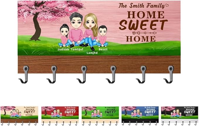 Personalized Wood Family Key Holder Custom Name Portrait Wall Mounted Coat Rack Home Sweet Home Key Hooks Organizer Hanger for Entryway Hallway Decor Birthday House Warming Gift for Family