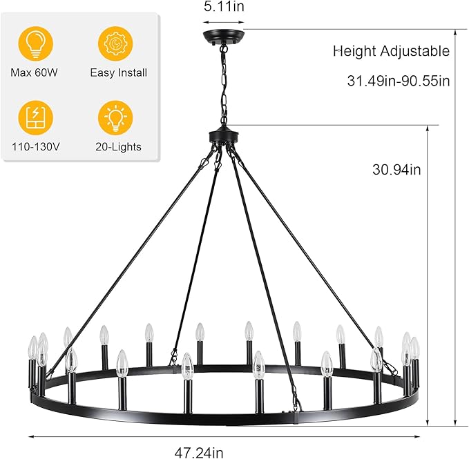 Black Wagon Wheel Chandelier 20-Light 48" Large Farmhouse Chandelier High Ceiling Light Fixture for Living Room Entryway Hallway Kitchen Island