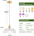 Pendant Light with Clear Scindapsus Glass Lmapshade, Brass Vintage Pendant Light Adjustable Hanging Light for Kitchen Island Dining Room Hallway