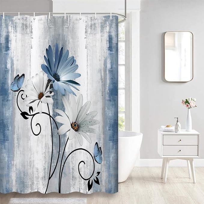 Rustic Farmhouse Shower Curtain, Farm Blue Daisy Floral Flowers and Butterfly on Country Wooden Shower Curtain for Bathroom, Turquoise Blue Bathroom Shower Curtains with 6PCS Hooks, 36X70IN