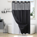 Extra Long No Hook Waffle Weave Shower Curtain with Snap in Fabric Liner Set,Heavy Duty Bathroom Curtains with See Through Window,Machine Washable & Waterproof,Black,71x84 Inch
