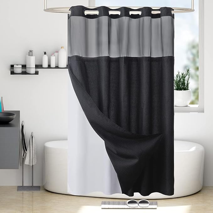 Extra Long No Hook Waffle Weave Shower Curtain with Snap in Fabric Liner Set,Heavy Duty Bathroom Curtains with See Through Window,Machine Washable & Waterproof,Black,71x84 Inch