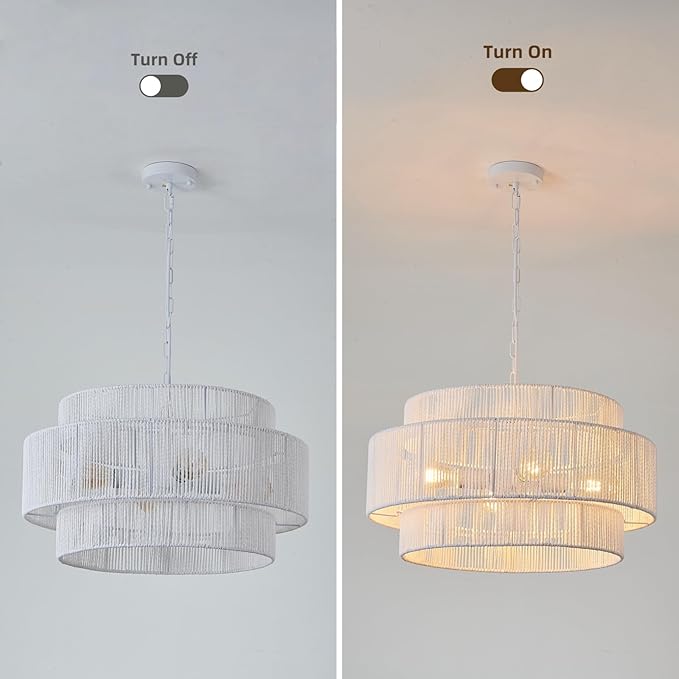 3-Tier Large Rattan Chandelier, 22.8in White Boho Coastal Pendant Lights, Woven Hemp Rope Hanging Ceiling Lights, Wicker Lighting Fixture for Kitchen Island, Dining Room, Living Room