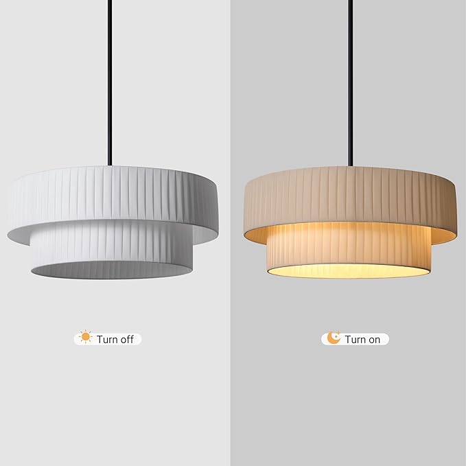 LamQee 20” Modern Drum Chandelier, 2-Tier Semi-Flush Mount Pendant Light Fixtures 3-Light with White Fabric Lampshades, Matte Black Fixtuer Hang Ceiling Lamp