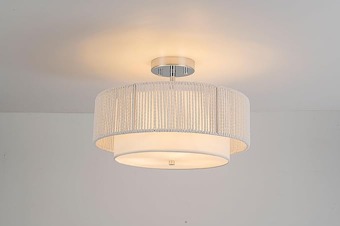 SineRise 16'' Rattan Flush Mount Ceiling Light Fixture,2-Tier Drum Hand-Woven Boho Flush Mount Ceiling Light,Farmhouse Light Fixture for Living Room,Kitchen,Bedroom Foyer Entryway ect.（White）