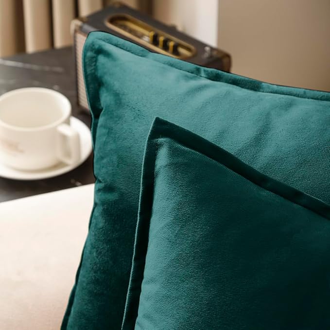 VAKADO Throw Pillow Covers 18x18 Set of 2 Teal Velvet Decor Decorative Couch Cushion Christmas Euro Xmas Pillowcases with Fringe Home Bed Decoration for Sofa Bedroom Office