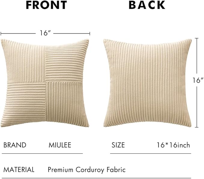 MIULEE Cream Corduroy Pillow Covers Pack of 2 Boho Decorative Spliced Throw Pillow Covers Soft Solid Couch Pillowcases Cross Patchwork Textured Cushion Covers for Living Room Bed Sofa 16x16 inch
