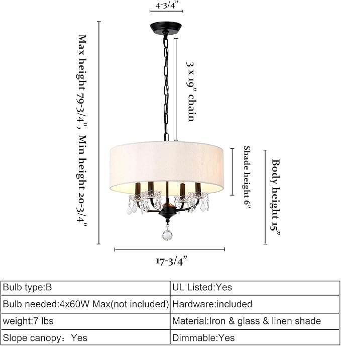 Black Drum Chandelier Modern Crystal Chandelier 4-Lights Drum Shade Beige Linen 17.75“ Chandelier Light Fixture for Bedroom,Dining Room,Living Room,Kitchen Island, E12,Chain Adjustable