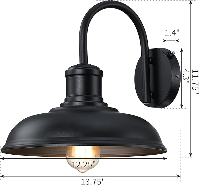 12'' Diameter Large Dusk to Dawn Outdoor Gooseneck Barn Light, 2-Pack Outdoor Wall Sconce Farmhouse Exterior Light Wall Lighting Fixture Industrial Black Wall Lantern for Porch, Garage, Black