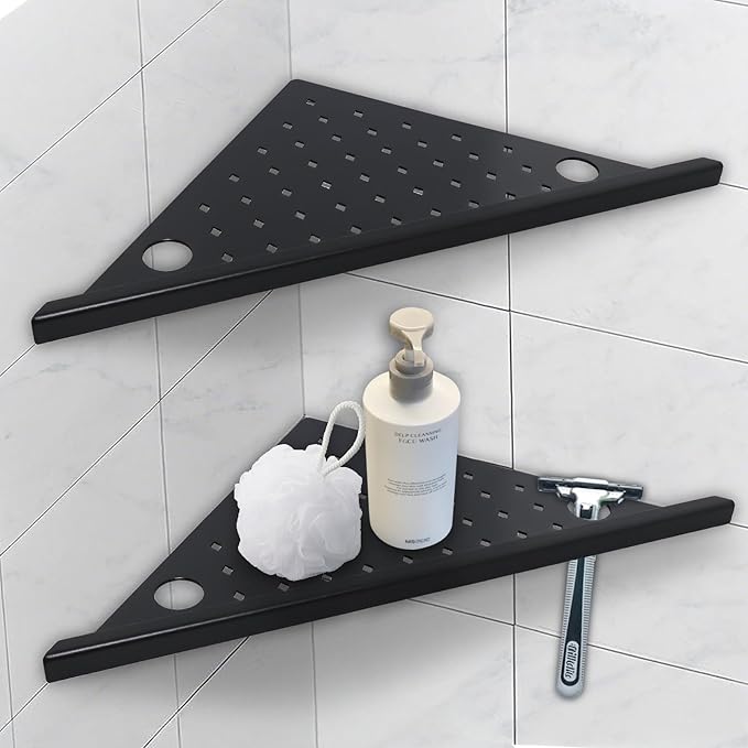 Corner Shower Shelves 2-Pcs, 10” Rustproof 304 Stainless Steel Shower Corner Shelf with Razor Holder, No Drilling Bathroom Shower Shelf for Tiled Wall (Matte Black Style 1)