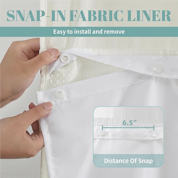 Cream Long No Hook Waffle Weave Shower Curtain with snap-in Liner Replacement, 230GSM Waterproof Fabric Hotel Shower Curtain Set for Bathroom, Through Mesh Top Window,71Wx80H