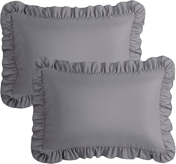 KKJIAF Ruffle Pillow Cases Standard Size Set of 2, Ruffled Pillow Covers with Envelope Closure, Wrinkle Resistant Ruffled Pillow Shams 20" x 26", Grey