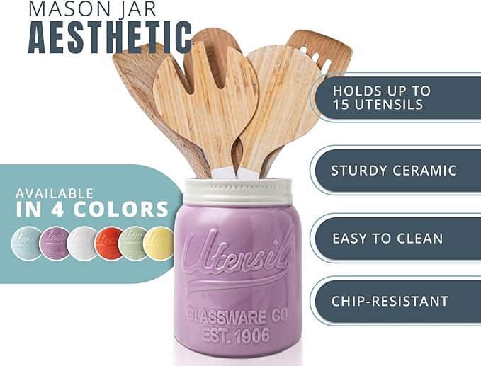 Comfify Wide Mouth Mason Jar Utensil Holder Decorative Kitchenware Organizer Crock, Dishwasher Safe - Kitchen Caddy Purple, Large Size 7" Hight