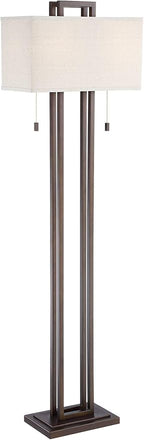 Possini Euro Design Modern Standing Floor Lamp 62" Tall Bronze Brown Openwork Frame 2-Light Oatmeal Linen Fabric Rectangular Shade Decor for Living Room Reading House Bedroom Home Office House