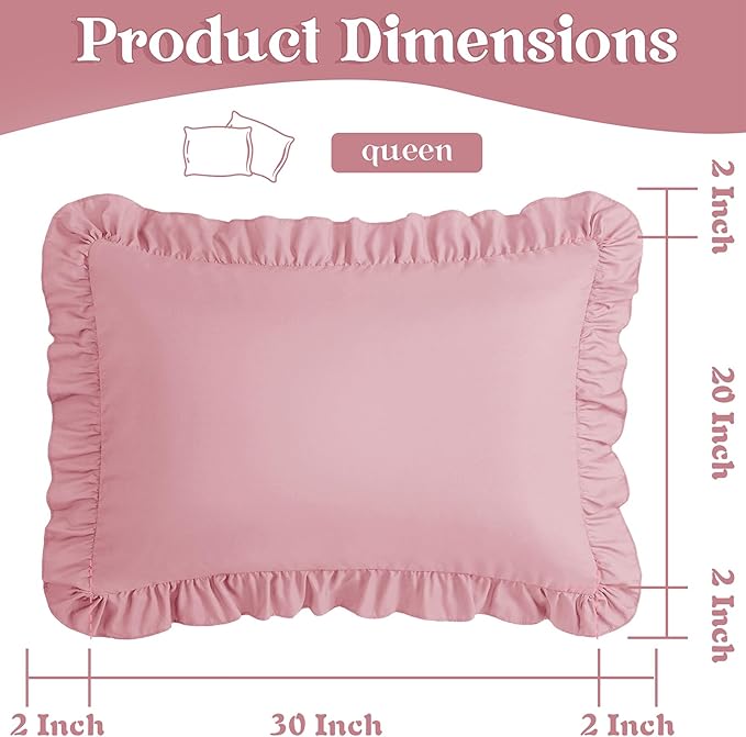 KKJIAF Ruffle Pillow Cases Queen Size Set of 2, Ruffled Pillow Covers with Envelope Closure, Wrinkle Resistant Pillowcases 20" x 30", Ruffled Pillow Shams, Light Pink