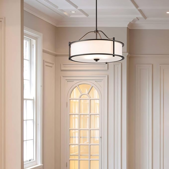 XiNBEi Lighting Pendant Lighting 18 inch 3 Light Drum Pendant Light with Fabric Shade and Glass Diffuser in Dark Bronze, Classic Convertible Drum Chandelier for Living & Dinning Room XB-P1199-DB