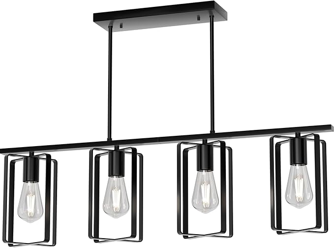 4-Lights Farmhouse Kitchen Light Fixtures Over Island, Adjustable Height Dining Room Chandelier Over Table with Flexible Shade, Hanging Pendent Lighting Over Bar, Black