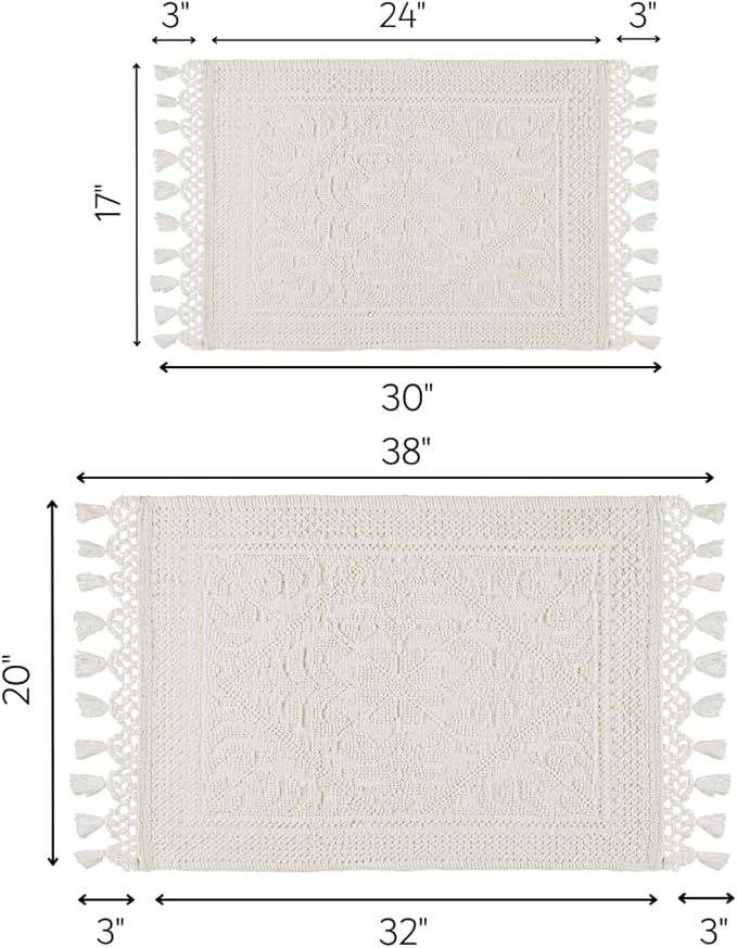 Savi Home Cotton Woven Jacquard Bathroom Rug Set of 2, Woven Fringe Bathroom Mats, 100% Cotton, Non - Slip Bath Mat, Durable Thick Bath Mat 17”x30”& 20"x38" with Fringes, Ivory