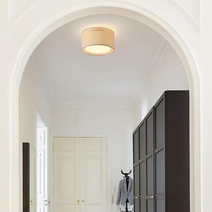 Boho Light Fixtures,12.6" Flush Mount Ceiling Lights Drum Light Fixture with Double Shade,3-Lights Close to Ceiling Lamps for Bedroom Living Room Dining Room Hallway Entryway Kitchen