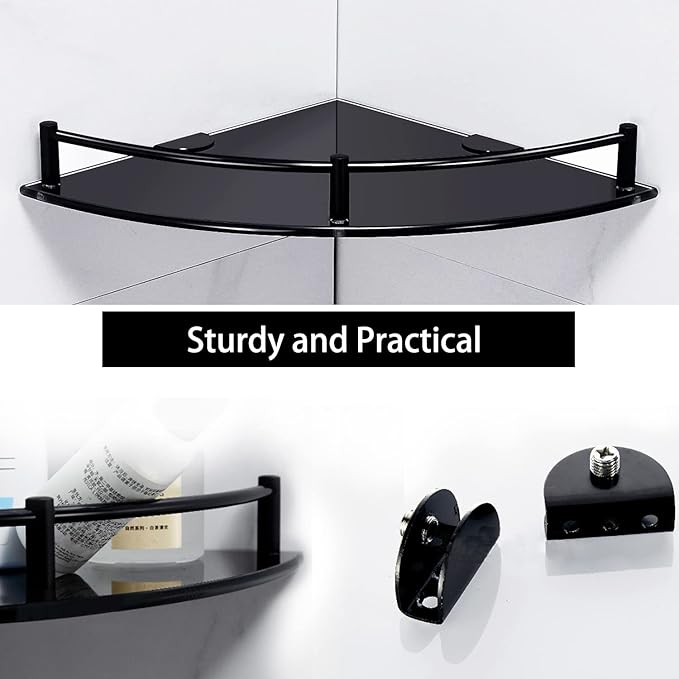 Glass Bathroom Shelf with Rustproof Rail, Black Glass Corner Shower Shelf, Wall Mount Drill Hole Shower Caddy Organizer, Bathroom Shower Organizer for Living Room and Toilet (1 Tier)