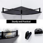 Bathroom Corner Shower Caddy, 9.5" Tempered Glass Bathroom Shelves for Wall Mounted, 2 Tier Glass Shower Caddy Organizer and Storage, Clear Corner Shelf wtih Black Rustproof Rail