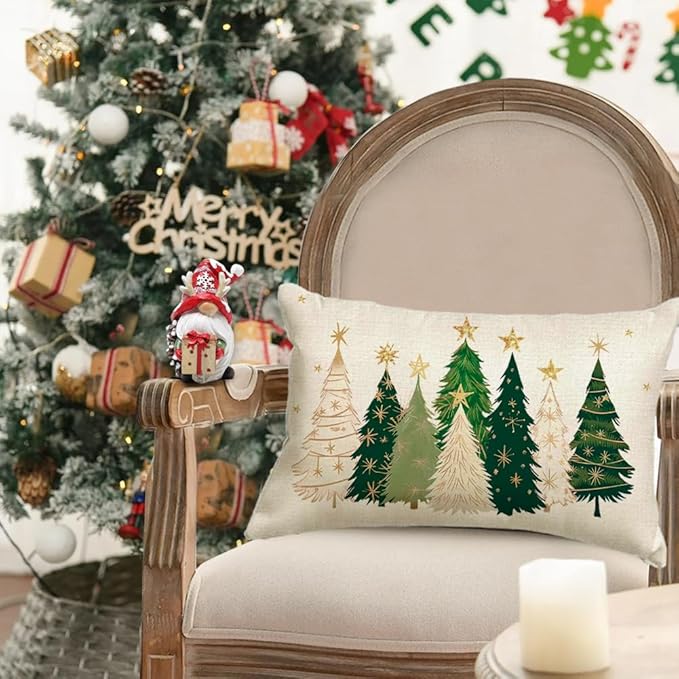 RABUSOFA Christmas Tree Pillow Covers 12x20 Inch,Watercolor Xmas Decor Stars Winter Holiday Lumbar Cushion Case Decoration for Home Sofa Couch(White, 20" x 12" (Pack of 1))