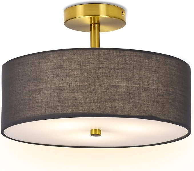 SomSom 3-Light Semi Flush Mount Ceiling Light Fixture, 13.7" Drum Light Fixture, Modern Close to Ceiling Light with White Fabric Shade Lamps