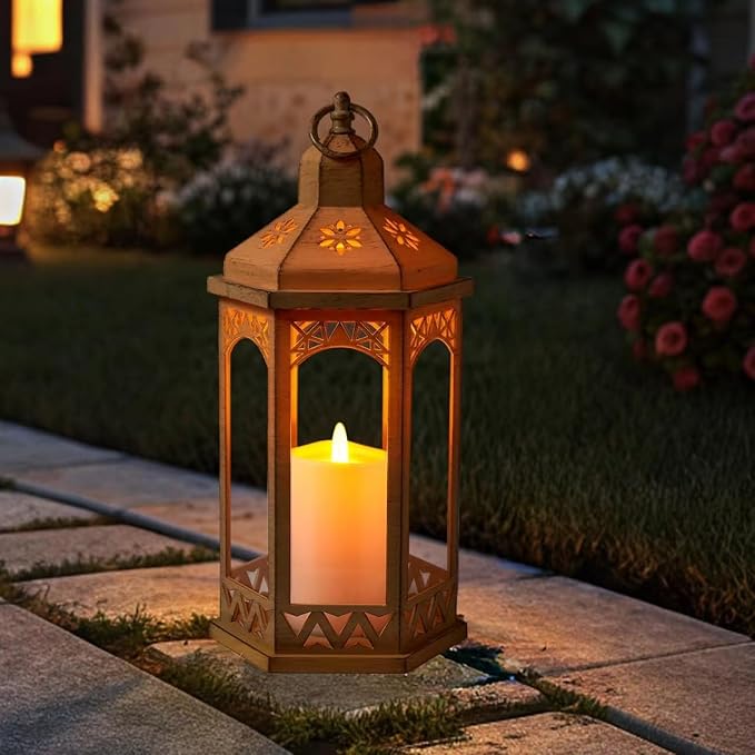LED Hexagon Lantern with Flameless LED Candle, Unique Shape and Pattern to Give an Upscale Garden Party Vibe. Suitable for Home & Outdoor Usage or Wedding.Battery Powered (Beige)