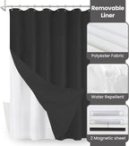 Inhousolu Boho Farmhouse Shower Curtain with Fabric Liner Set, Faux Linen Textured, 14 Metal Hooks Luxury Weighted Hem, Washable Wrinkle Free Bath Curtain for Hotel Bathroom 72" W x 84" L Black