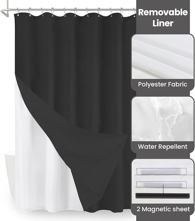 Inhousolu Boho Farmhouse Shower Curtain with Fabric Liner Set, Faux Linen Textured, 14 Metal Hooks Luxury Weighted Hem, Washable Wrinkle Free Bath Curtain for Hotel Bathroom 72" W x 84" L Black