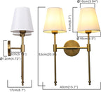 PERMO Classic Rustic Double Sconce Large 2-Lights Wall Sconce with Flared White Textile Lamp Shade and Antique Brass Finished Long Arm, Wall Sconce Light Fixture for Living Room Bathroom Bedroom